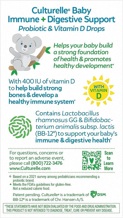 Culturelle Baby Probiotic Drops + Vitamin D - Immune & Digestive Health Support, 30 Day Supply, 9ml