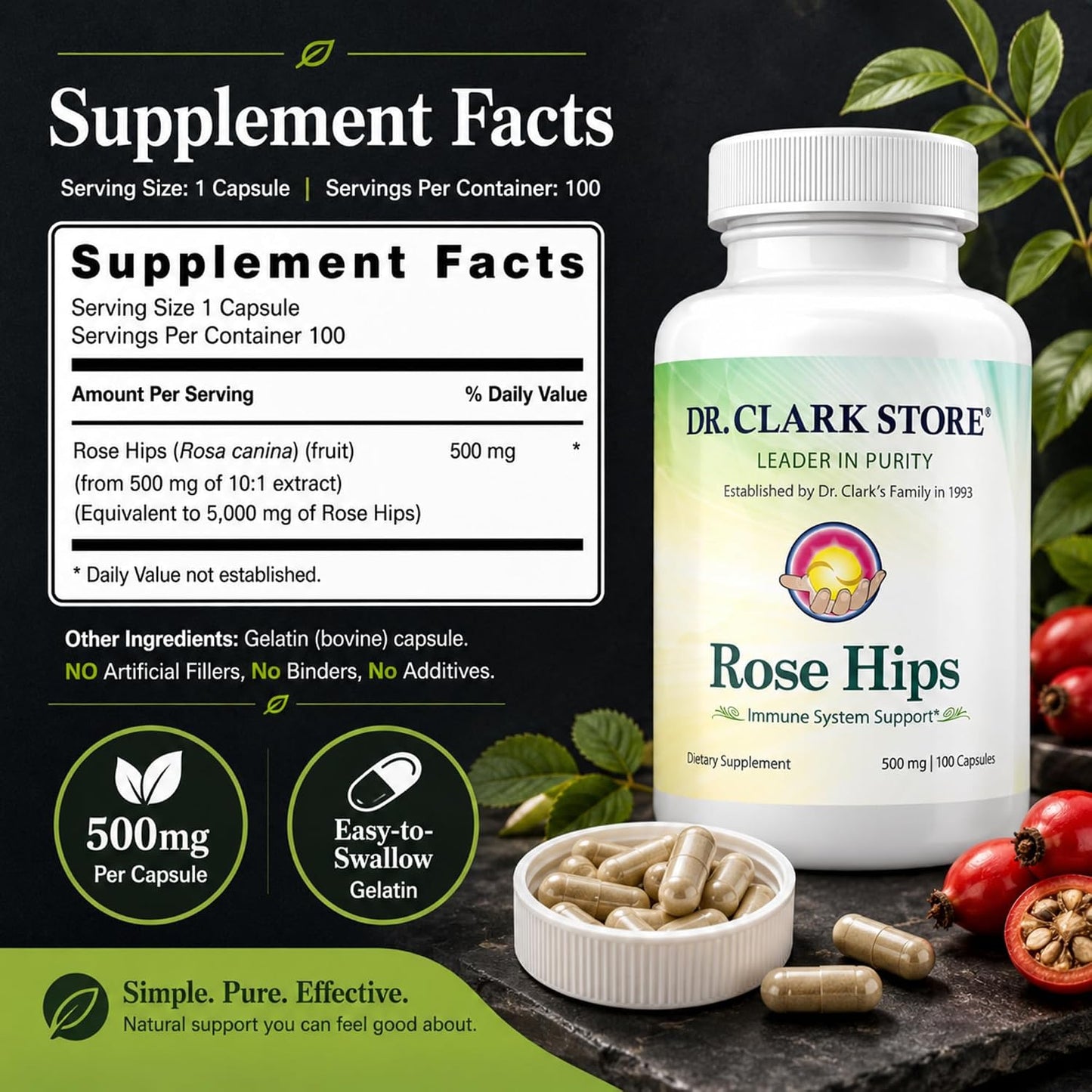Dr Clark Store Rose Hips Supplement, 500 mg, 100 Gelatine Capsules - görsel 9