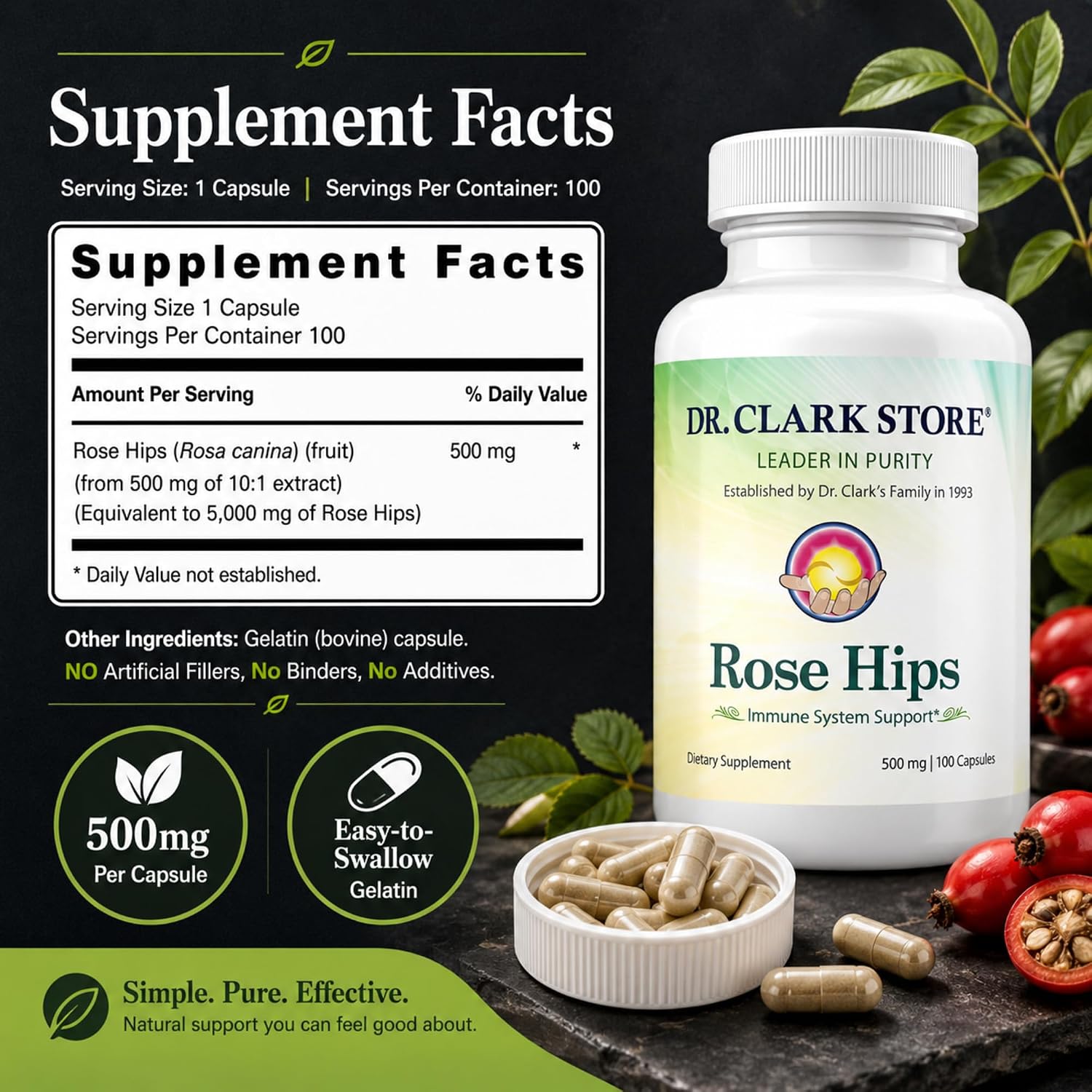 Dr Clark Store Rose Hips Supplement, 500 mg, 100 Gelatine Capsules - görsel 9