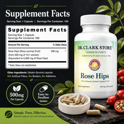 Dr Clark Store Rose Hips Supplement, 500 mg, 100 Gelatine Capsules