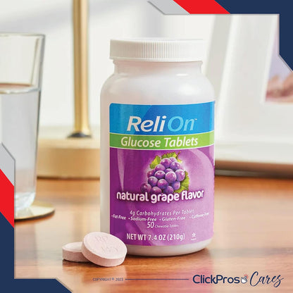 ReliOn Glucose Tablets Grape - 2-Pack Bundle (100 Tablets) with Diabetes Eating Guide and Pill Container