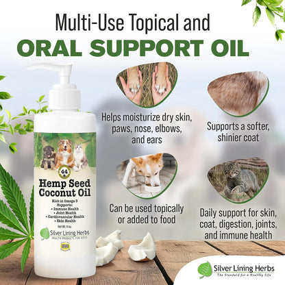 Silver Lining Herbs Pet Hemp Oil for Dogs & Cats – Itch & Hot Spot Relief, Skin & Coat, Joint, Immune & Heart Support with Organic Coconut Oil & Vitamin E – 240ml