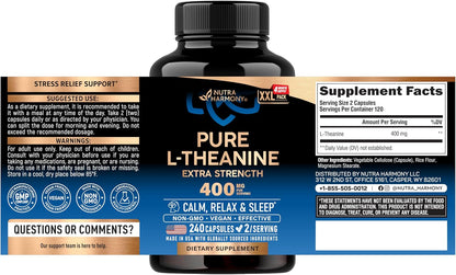 NUTRAHARMONY L-Theanine 400 mg – Calm & Relaxation Support Supplement (240 Vegan Capsules)