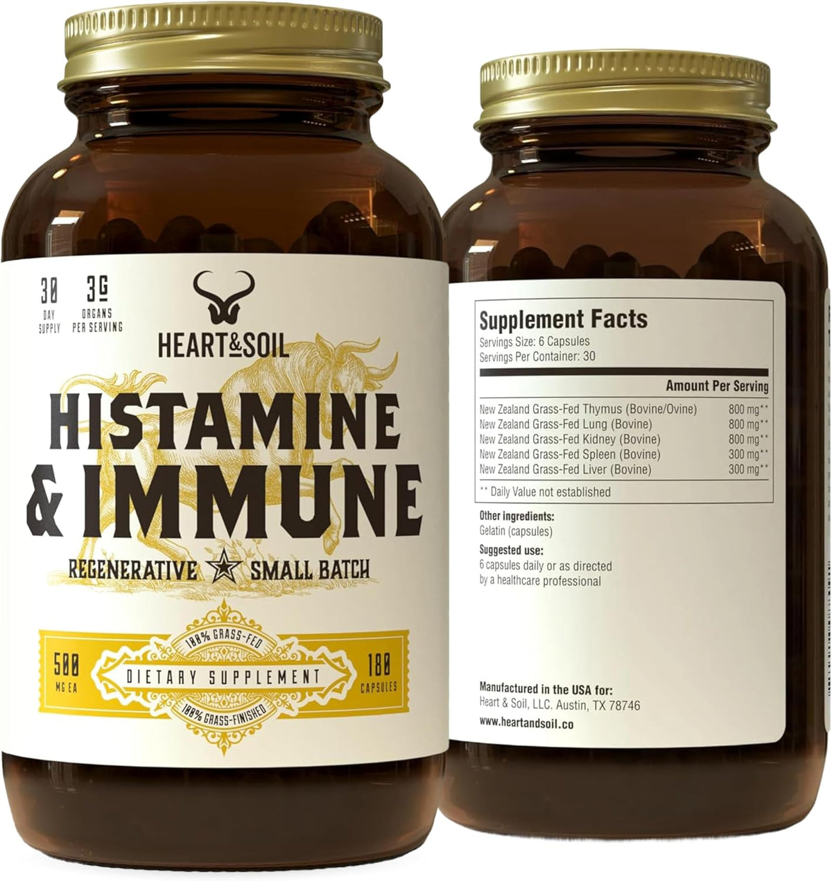 HEART & SOIL – 100% Grass Fed & Finished Histamine & Immune Support Supplement with Thymus, Lung, Spleen, Liver, & Kidney – Immune Defence – Glass Bottle – 180 Capsules - görsel 1