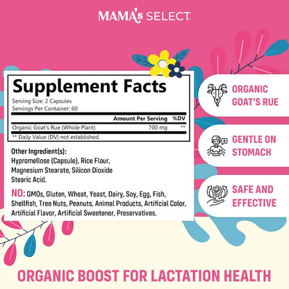 Mama's Select Organic Goat’s Rue Capsules for Breast Milk Production – Non-GM, Vegan, Gluten-Free Lactation Support
