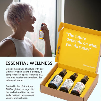GIVOL Ultimate Vegan Essential Bundle Liquid Spray – Mushroom Complex, Iron Bisglycinate, and Vitamin B12 Methylcobalamin, All Natural, Non-GMO, Gluten-free, Sugar Free (3 x 60 ml, 360 Day Supply)