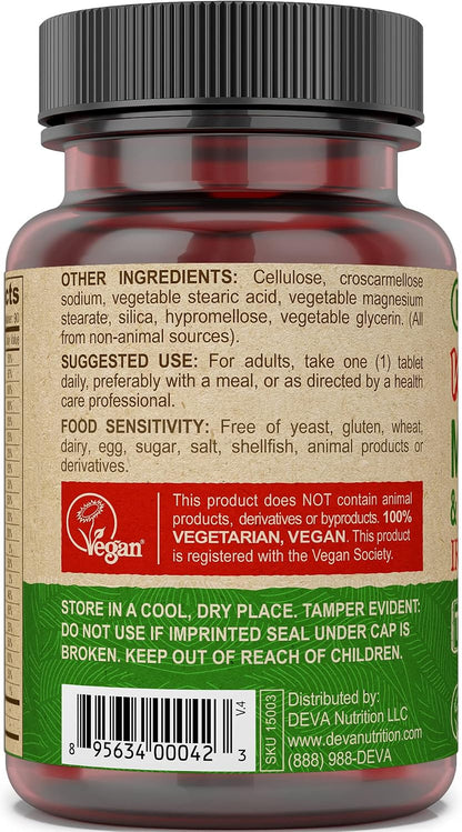 Deva Vegan Multivitamin and Mineral Supplement Iron-Free - High-Potency with Vitamins A, C, D, E, B Complex - 90 Tiny Tablets (4-Pack)