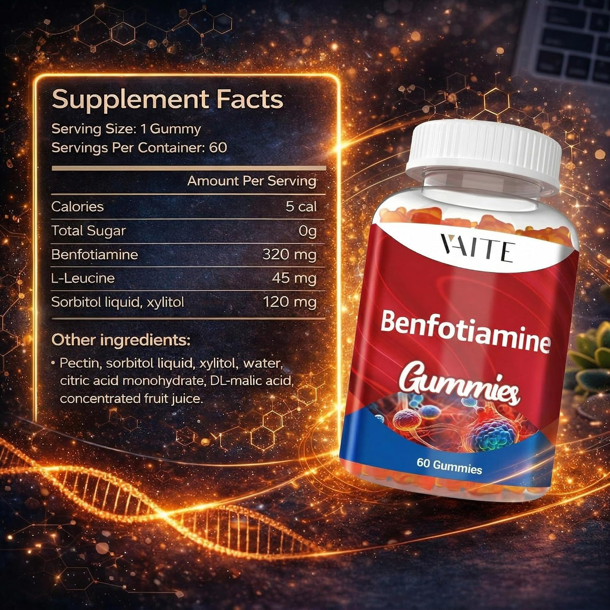 Benfotiamine 320mg Gummies with 45mg L-Leucine Supplement: Essential Vitamin B1 Complex for Men and Women, Non-GMO, Vegan & Gluten-free - Supports Metabolism, Energy & Nervous System Health - görsel 3