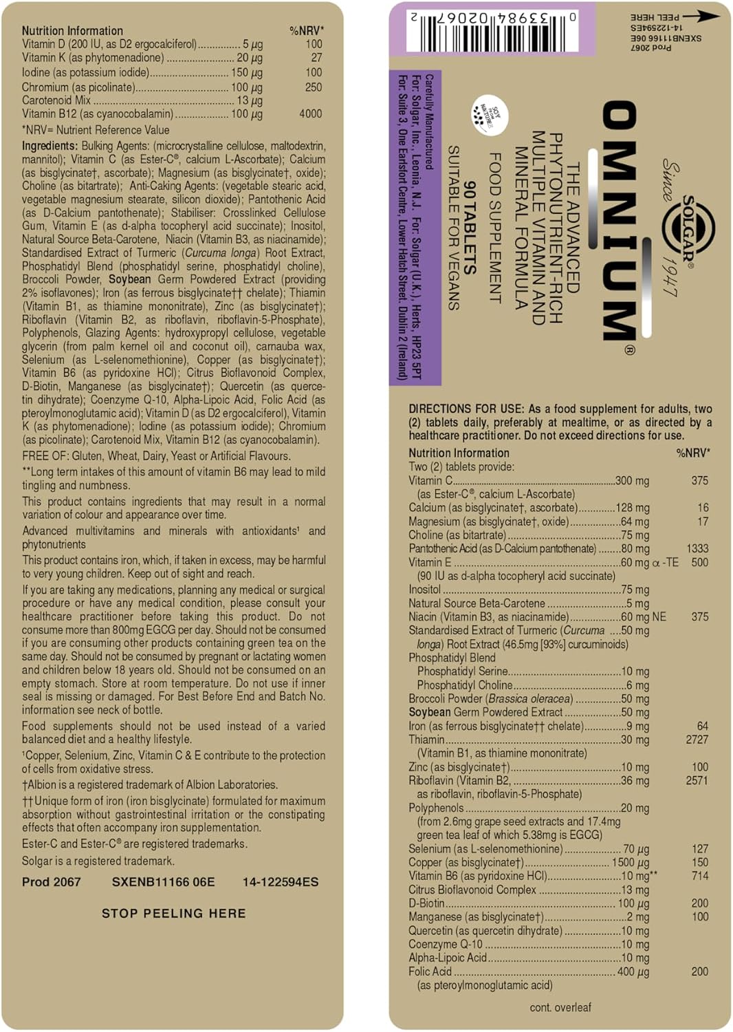Solgar Omnium - Phytonutrient Complex + Multiple Vitamin & Mineral Formula - 90 Tablets - Non-GMO, Vegan, Gluten Free - görsel 2