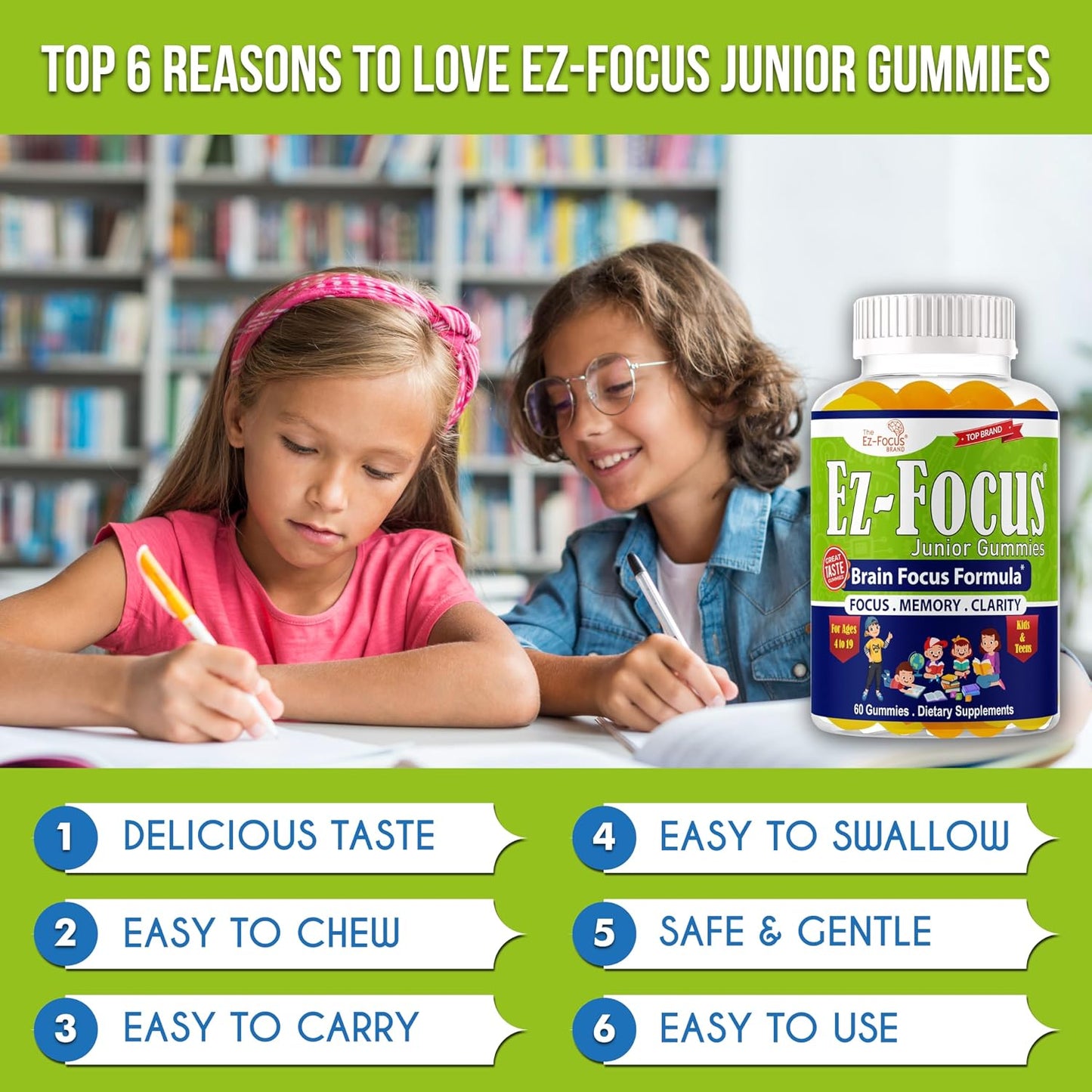 Ez-Focus Junior Brain Vitamins & Memory Supplements for Kids & Teens - Focus Gummies with DHA - 60 Chewable Gummies - görsel 4