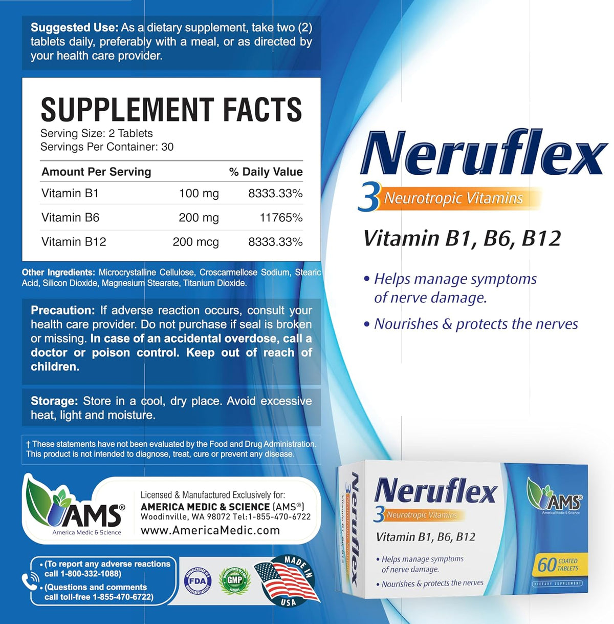 America Medic & Science NeruFlex – Nerve Support Supplement with B-Vitamins, 60 Tablets - görsel 3