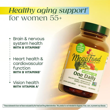 MegaFood Multivitamin for Women 55+ - One Daily with Vitamin D3, C, Zinc & Bio-available B12 & Folate - Healthy Ageing, Brain & Bone Health - Vegetarian - 90 Tablets