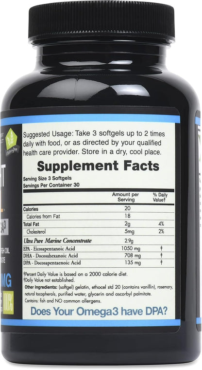 Triple Strength Fish Oil - Ultra Pure Wild Caught Omega-3 with DPA, EPA & DHA - 2900 mg - 90 Softgels - Non-GMO, Burp-Free, Vanilla Flavour