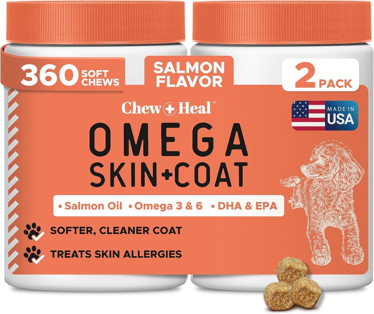 Fish Oil Omega-3 Supplements for Dogs - 360 Soft Chew Treats for Skin and Coat - Salmon Oil Blend of Fatty Acids, Omega-3, 6, Vitamins, Antioxidants - Made in the USA (2 Packs of 180, Salmon Flavour) - görsel 1