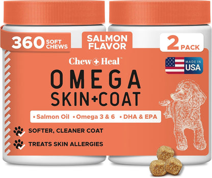 Fish Oil Omega-3 Supplements for Dogs - 360 Soft Chew Treats for Skin and Coat - Salmon Oil Blend of Fatty Acids, Omega-3, 6, Vitamins, Antioxidants - Made in the USA (2 Packs of 180, Salmon Flavour)