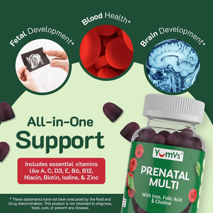 YumVs Prenatal Gummies for Women – with Folic Acid, Iron & Choline – 60 Gummies