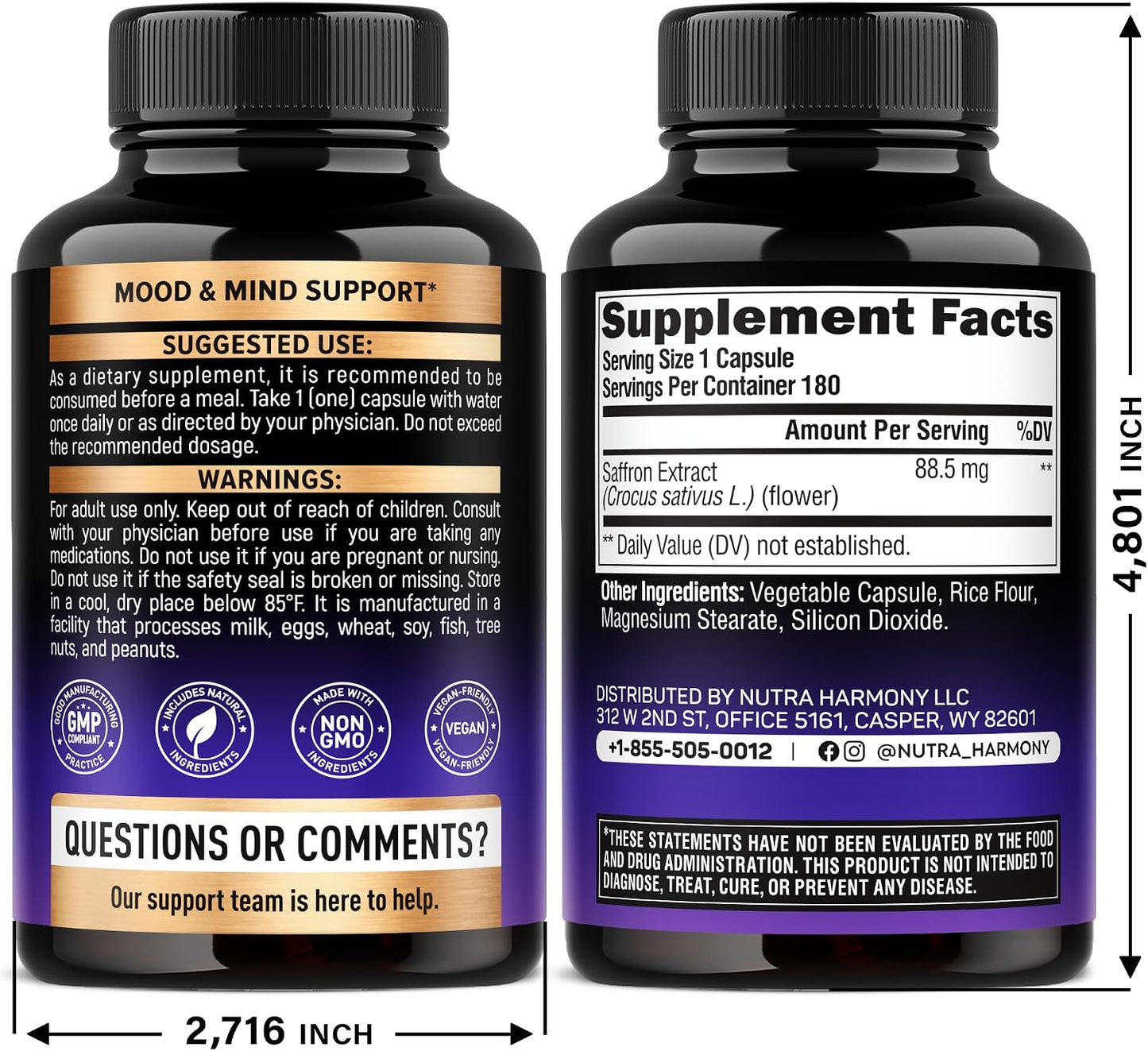 Natural Saffron Supplements - Pure Saffron Extract 88.5 mg - Mood, Focus, Vision and Energy Support for Women and Men - Non-GMO Vegan Capsules - 180 Powder Capsules, 6-Month Supply - görsel 2