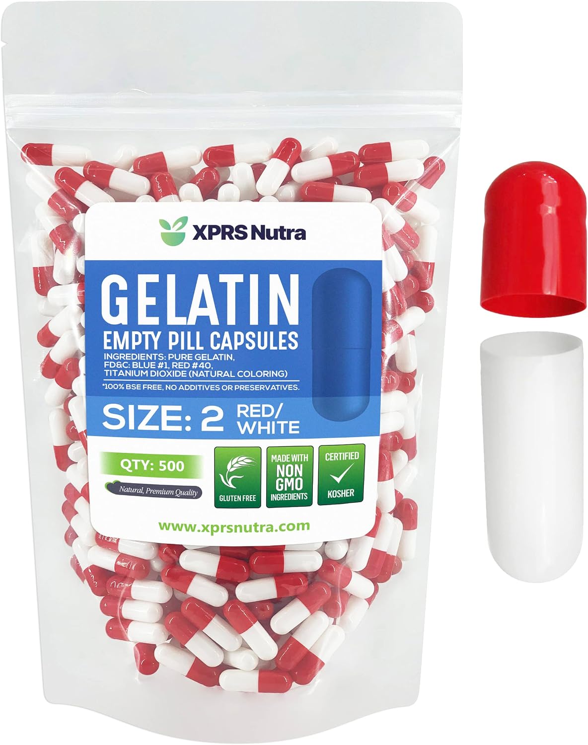 XPRS Nutra Size 2 Empty Capsules – 500 Count – DIY Capsule Filling – Pure Bovine Gelatine (Red/White) - görsel 1