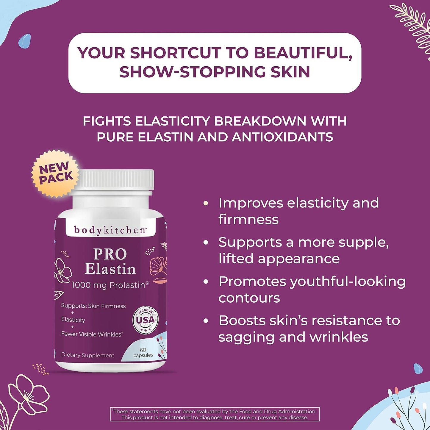 Body Kitchen Pro Elastin Peptides 1000mg – Marine-derived from France – Skin Firmness & Elasticity – 60 Capsules (Pack of 3) - görsel 7