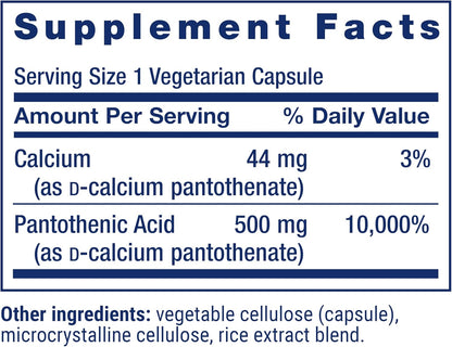 Life Extension Pantothenic Acid 500 mg, Vitamin B5 with Calcium, 100 Capsules