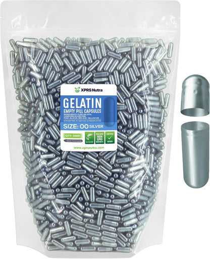 XPRS Nutra Size 00 Empty Capsules – 5000 Count Empty Gelatin Capsules – Pill DIY Capsule Filling – Fillable Pill Gel Caps for DIY Supplements (Silver)