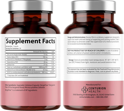 Centurion Health Bump Mini Complete Antenatal Vitamins for Women with Folate, Choline, Carbonyl Iron, Zinc, Vitamin D3 and Vitamin B12, 30 Capsules