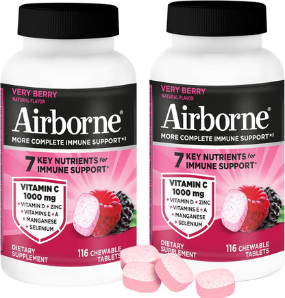 Airborne 1000mg Vitamin C + Zinc Chewable Tablets, Very Berry Flavour (2 Pack)