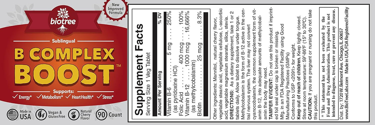 BioTree Labs Cherry B-Complex Supplement - Sublingual with Methylcobalamin B12, B6, Biotin & Folic Acid (3-Pack, 270 Tablets) - görsel 3