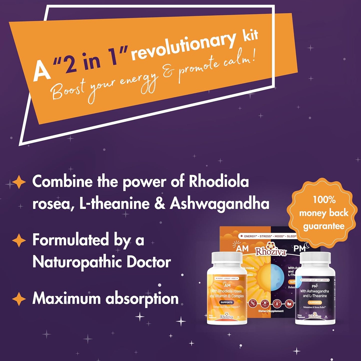 Rhoziva AM PM Multivitamin – Cortisol Support with L-Theanine, Ashwagandha, Rhodiola Rosea – Day and Night Nootropic Supplement - görsel 2