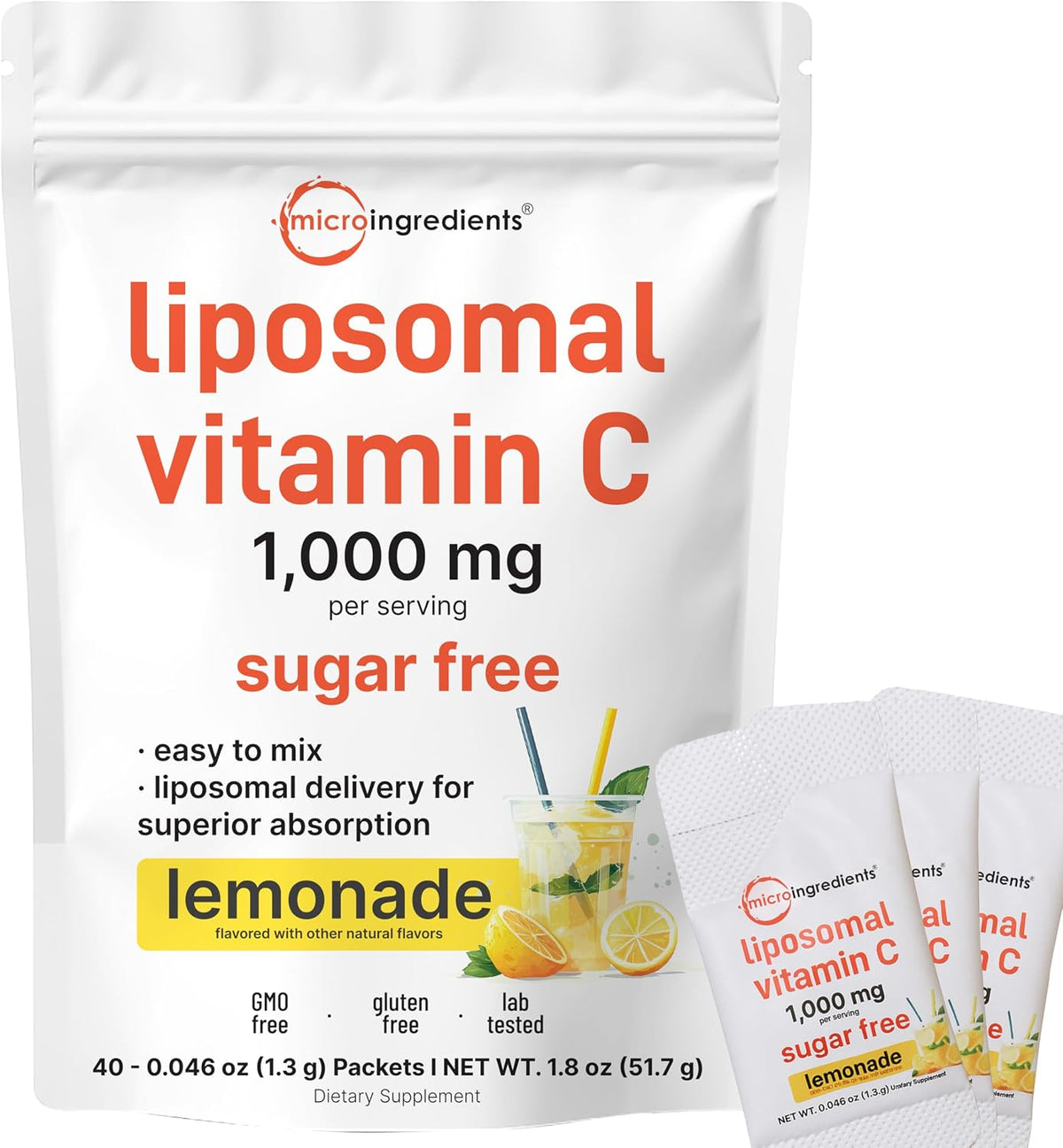 Micro Ingredients Liposomal Vitamin C Powder Packets – 1,000mg, 40 Travel Packets, Lemonade Flavour - görsel 1