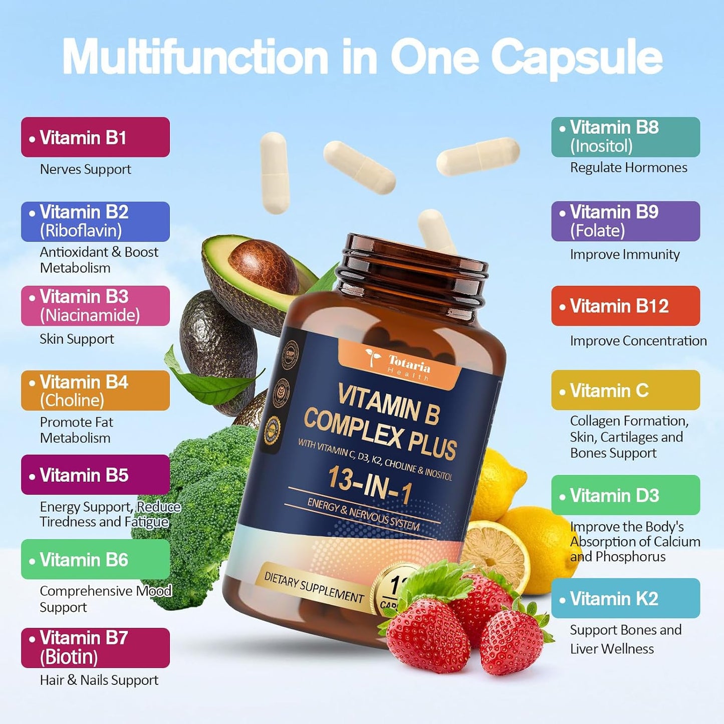 13-in-1 Vitamin B Complex Plus with B1, B2, B3, B4, B5, B6, B7, B8, B9, B12, C, D3, K2 - 120 Capsules (2-Pack) - görsel 3