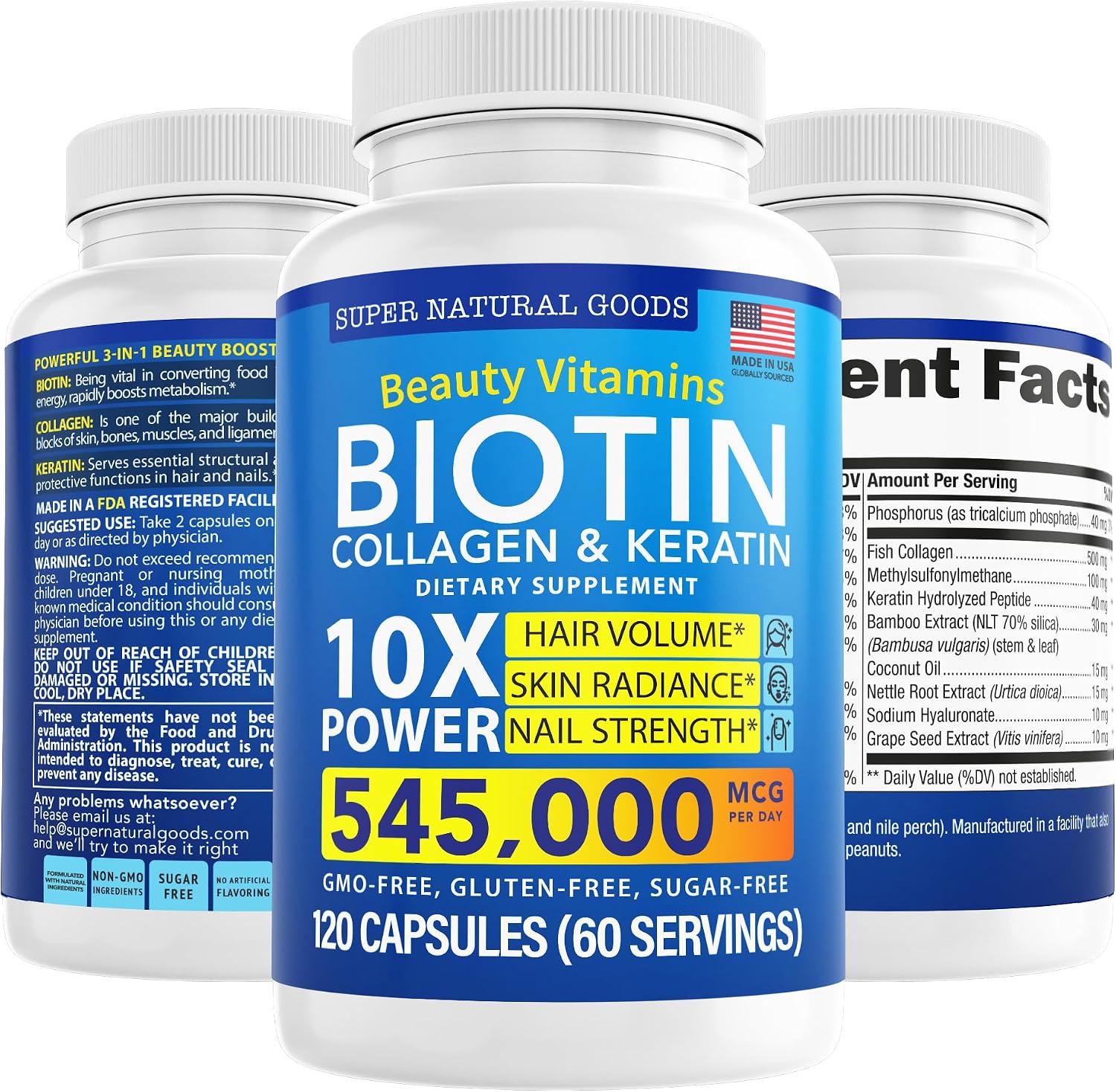 Super Natural Goods Biotin Collagen Keratin Supplement - Hair, Skin and Nail Support (120 Capsules) - görsel 1