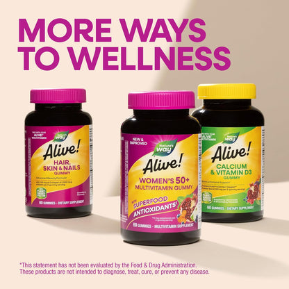 Nature's Way Alive! Women's 50 Plus Multivitamin Gummy, Daily Chewable Multivitamins with B-Vitamins, Vitamin D3, Calcium, Supports Heart, Brain & Bone Health, Mixed Berry Flavoured, 60 Gummies