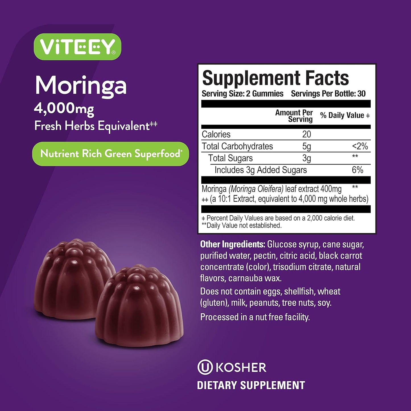 Viteey Moringa Gummies - 4000mg (10:1 Extract) - Super Greens Supplement - 60 Gummies - görsel 4