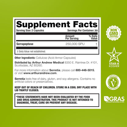 Arthur Andrew Medical Serretia – Serrapeptase Formulation for Muscle and Sinus Support (180 Capsules)