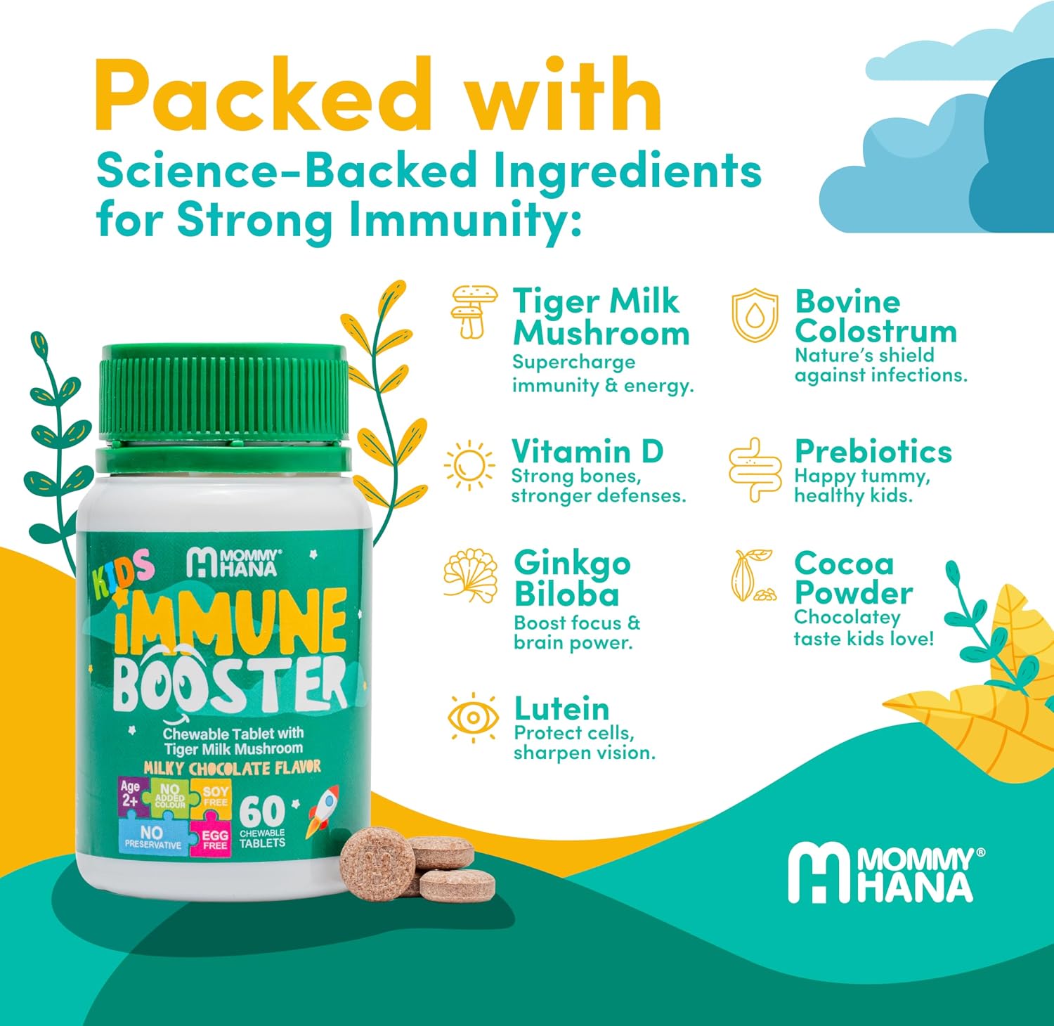 MOMMY HANA Immune Support for Kids – Vitamin D, Tiger Milk Mushroom, Colostrum, Prebiotic – 60 Chocolate Chewable Tablets - görsel 3