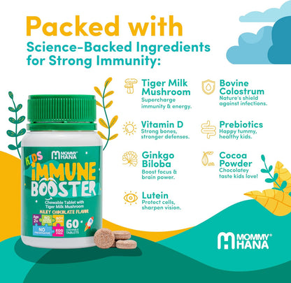 MOMMY HANA Immune Support for Kids – Vitamin D, Tiger Milk Mushroom, Colostrum, Prebiotic – 60 Chocolate Chewable Tablets
