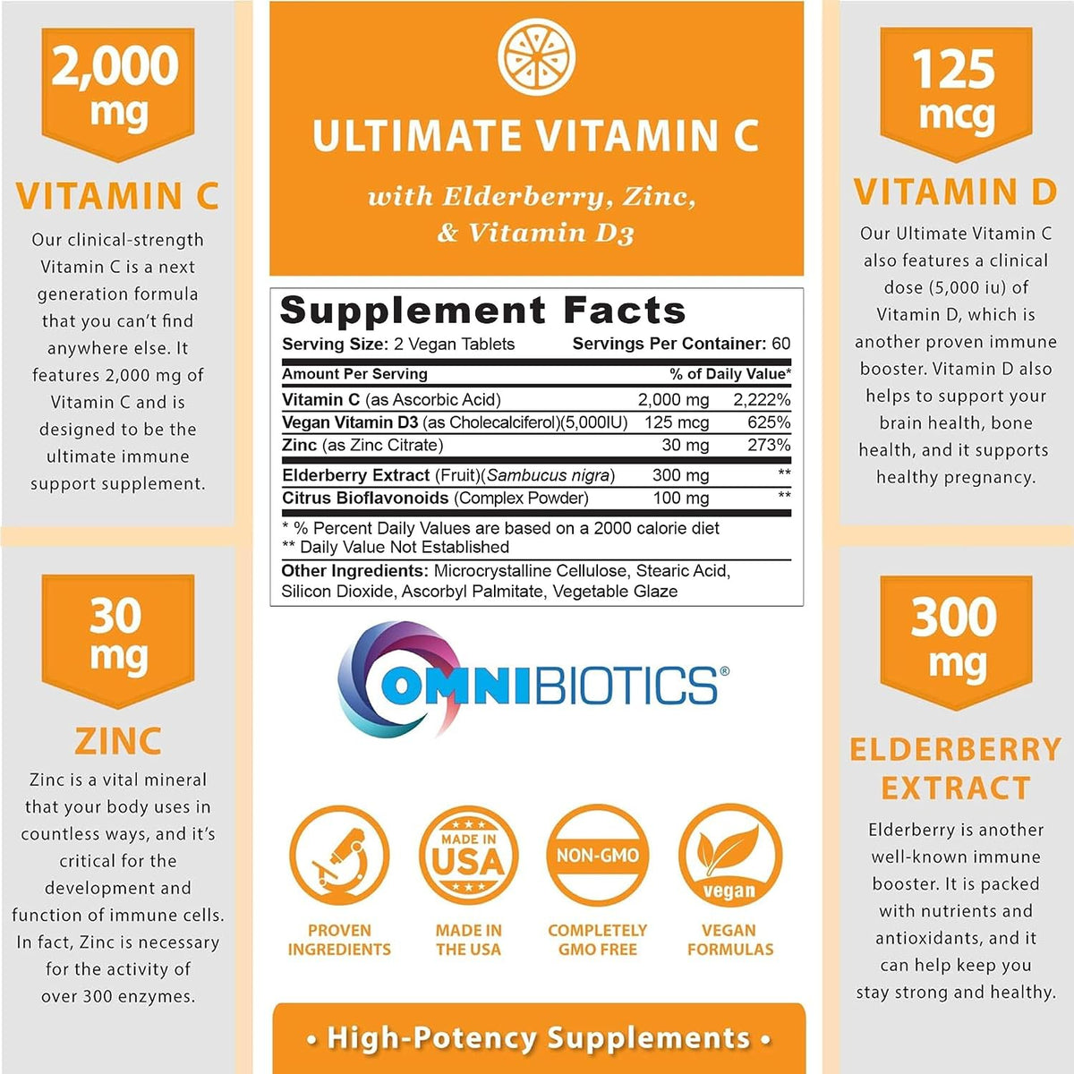 OmniBiotics Ultimate Vitamin C 2000mg with Zinc, Elderberry and D3 – 120 Vegan Tablets - görsel 2