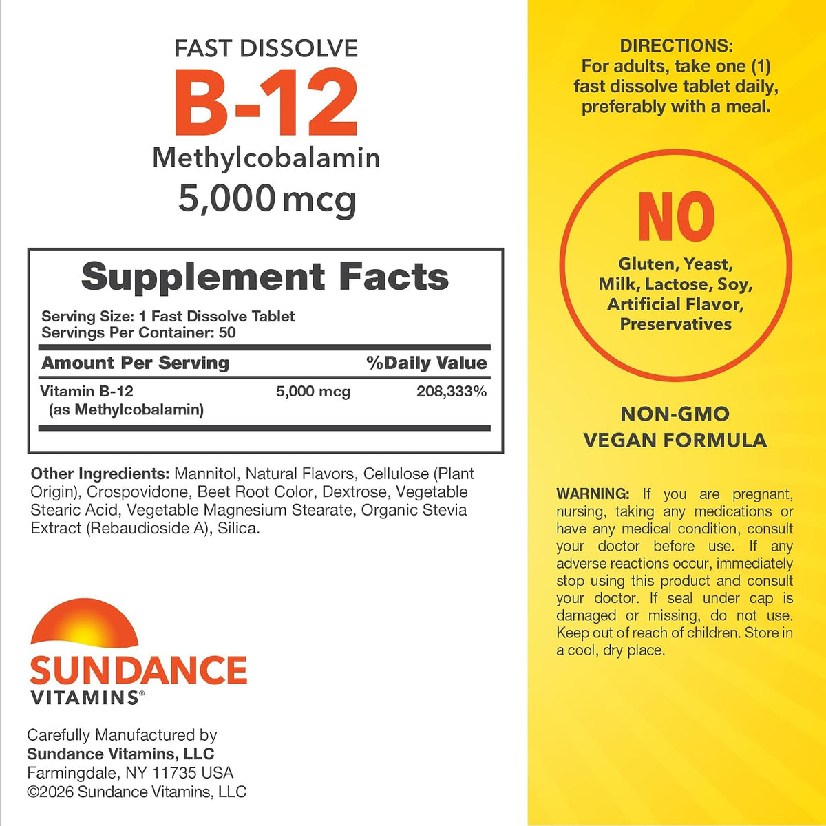 Sundance Vitamin B12 5000mcg Fast Dissolve Tablets, Methylcobalamin, Natural Berry Flavour, 50 Tablets - görsel 2
