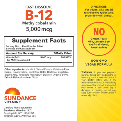 Sundance Vitamin B12 5000mcg Fast Dissolve Tablets, Methylcobalamin, Natural Berry Flavour, 50 Tablets