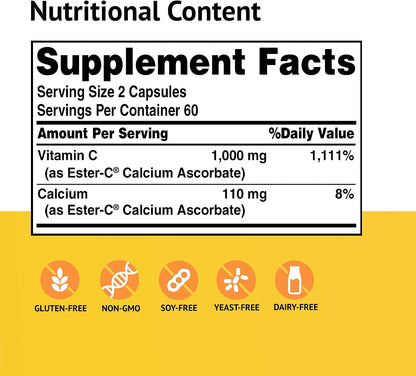 Ester-C 500mg – Non-Acidic Vitamin C Supplement, 120 Capsules
