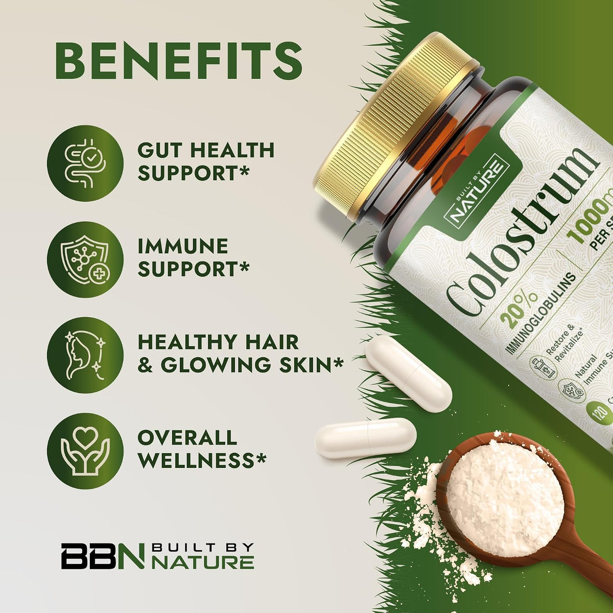 Built by Nature Colostrum Supplement, 120 Capsules – 1000mg Grass-Fed Bovine Colostrum Powder from First Milkings, 20% IgG Immunoglobulins – Gut Health, Immune Support, Hair & Skin Wellness - görsel 4