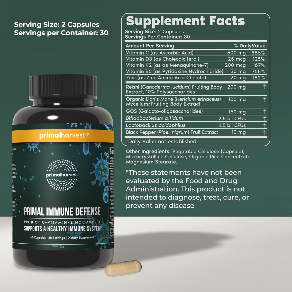 Primal Harvest Primal Immune Defence: 10-in-1 Immune Support with Probiotics, Zinc, Vitamins C, B6, D3 & K2 – 120 Capsules (Pack of 2) - görsel 2