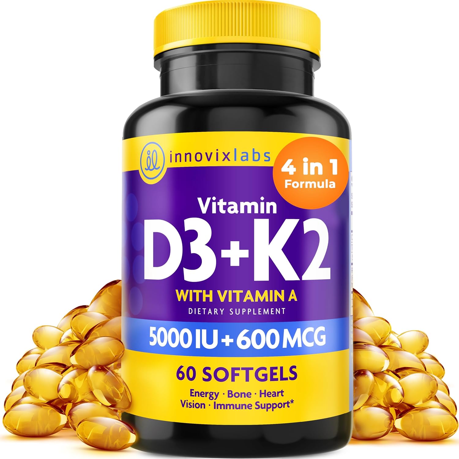 InnovixLabs Vitamin D3 K2-5000 IU Plus 600 mcg K2 MK4 and MK7 - 60 Softgels - görsel 1
