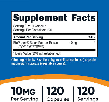 Nutricost Bioperine (Black Pepper Extract), 10mg Per Serving, 120 Capsules - Gluten-free