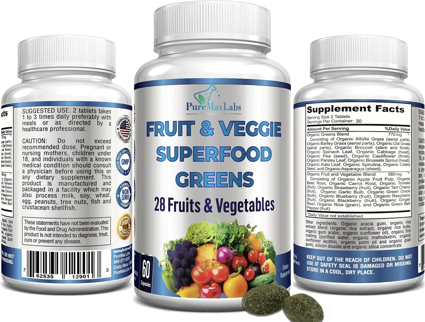 YUMMYVITE Fruit and Veg Superfood Greens - 28 Fruits and Vegetables with Antioxidants, 60 Tablets - görsel 4