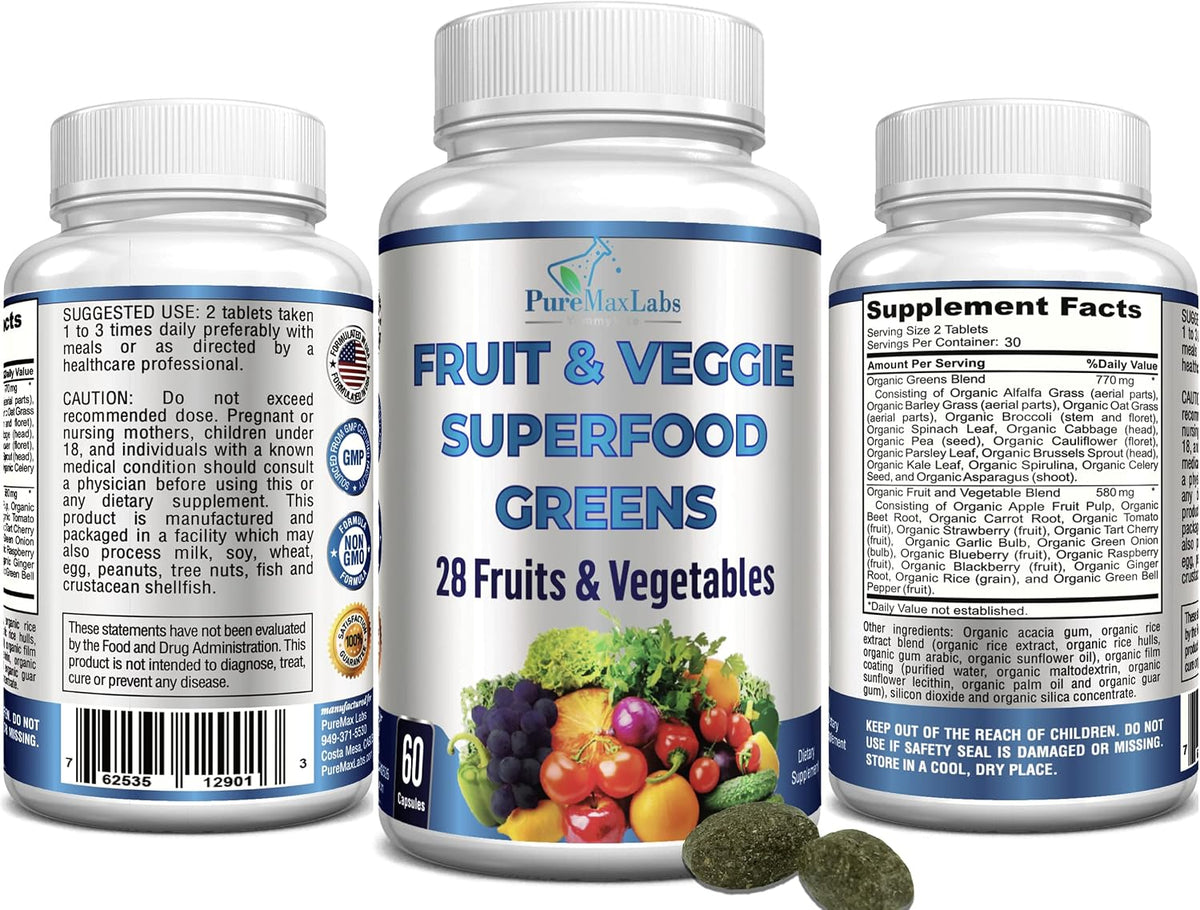 YUMMYVITE Fruit and Veg Superfood Greens - 28 Fruits and Vegetables with Antioxidants, 60 Tablets - görsel 4