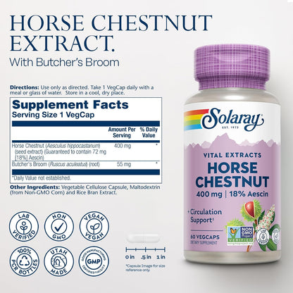 Solaray Horse Chestnut Extract 400 mg with Butcher's Broom – Standardised Aescin for Vein Support