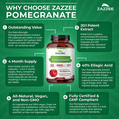 Zazzee Extra Strength Pomegranate 20:1 Extract, 40% Ellagic Acid, 120 Vegan Capsules