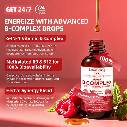 GREENPEOPLE Vitamin Methylated B Complex | Methyl B12 + L-Methyl Folate | Support Energy Metabolic, Immunity & Cognitive | 6 Super B Complex w/Mg, Ashwagandha & L‑Theanine for Women -Vegan, 2fl